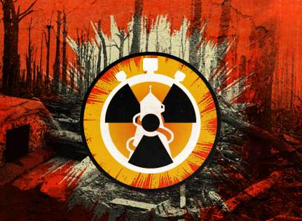Broken escape room logo, an orange radioactive sign ovelain on Pier Pressure's helter skelter logo